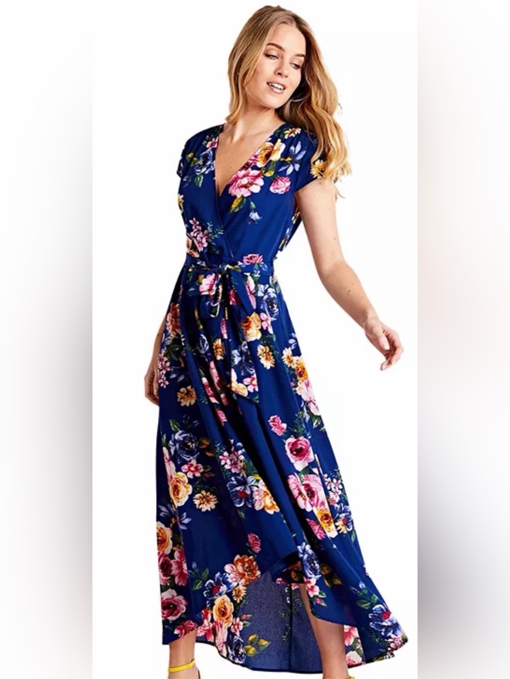 Yumi Kim Navy Floral Wrap Maxi Dress with Yellow & Pink Blossoms